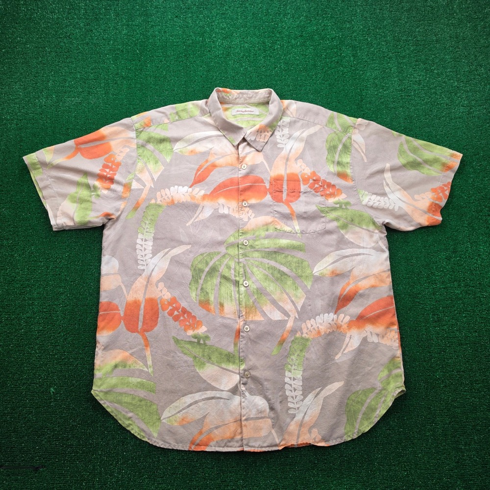 Tommy Bahama Shirt Mens XLX Beige Tropical Floral Button Up Hawaiian Camp Silk